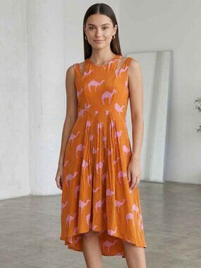 Anthropologie Charlotte Taylor Orange Camel Print, Silk, Sleeveless Dress Sz 2